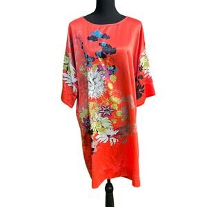 Soft Surroundings Coral Kimono Inspired Short Sleeve Dress with Floral Accents